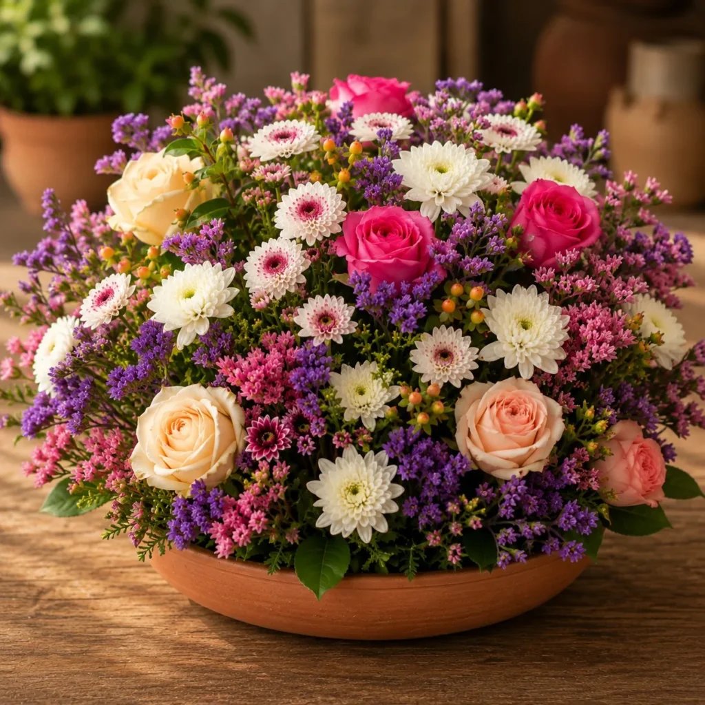 Mixed flower arrangement in a terracotta bowl