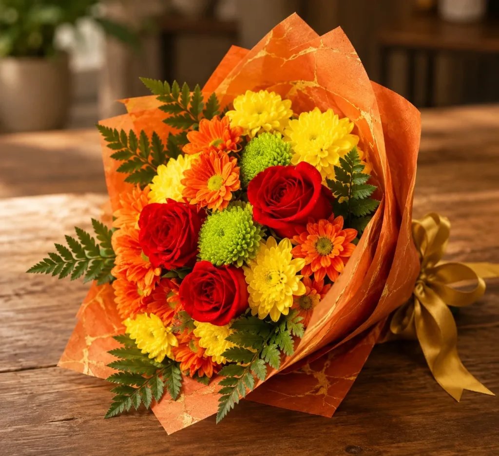 Bouquet of roses, gerberas and chrysanthemums in orange wrap