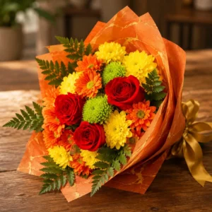 Bouquet of roses, gerberas and chrysanthemums in orange wrap