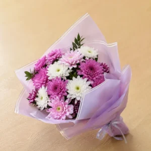 Pink and white chrysanthemum posy in lilac wrap