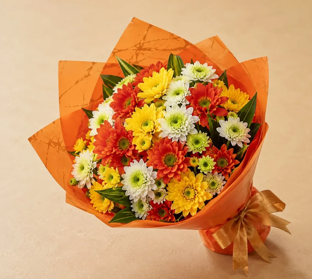 Orange, yellow and white chrysanthemums in orange wrap