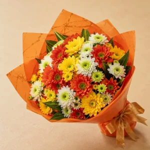 Orange, yellow and white chrysanthemums in orange wrap