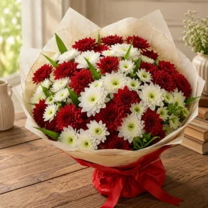 Red and white chrysanthemum bouquet in cream wrap