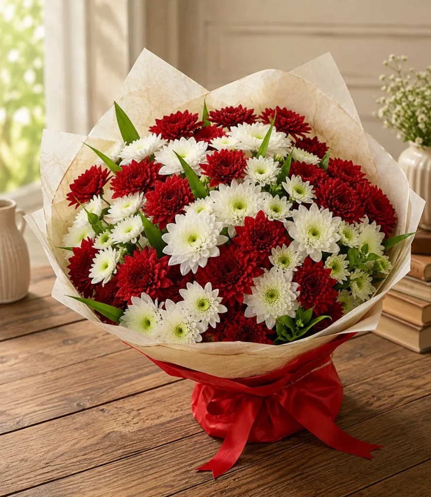 Red and white chrysanthemum bouquet in cream wrap