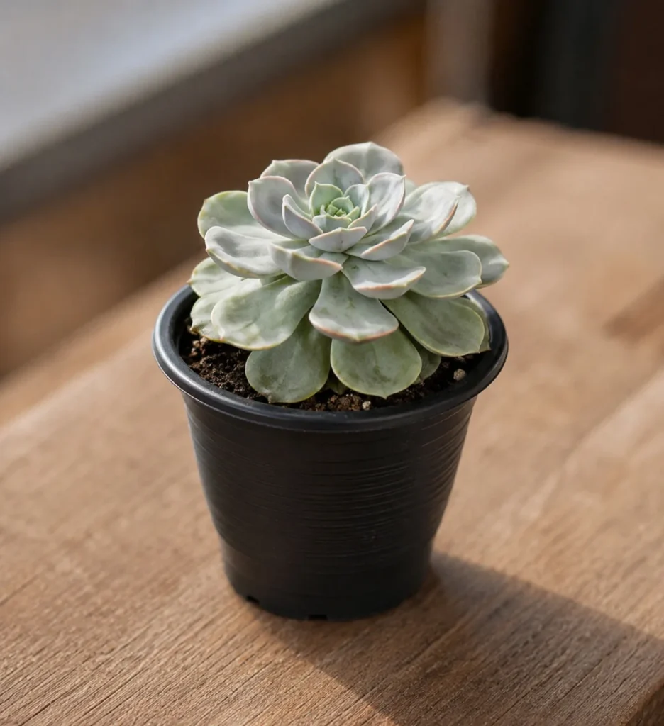 Pale green echeveria succulent in a small black pot