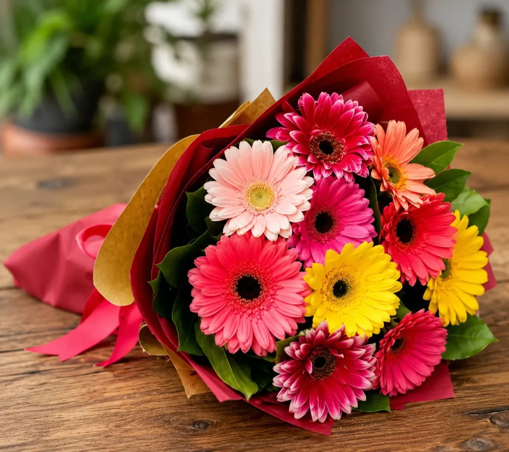 Mixed gerbera bouquet in red and gold wrap