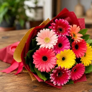 Mixed gerbera bouquet in red and gold wrap