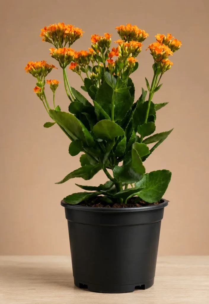 Orange kalanchoe in a black nursery pot