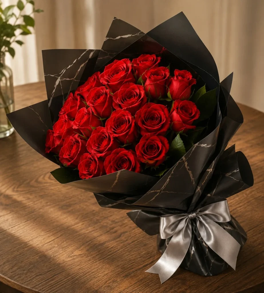 Red roses wrapped in black marbled paper with a silver ribbon