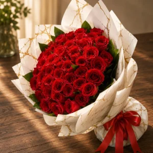 Fifty red roses wrapped in white and gold marbled paper