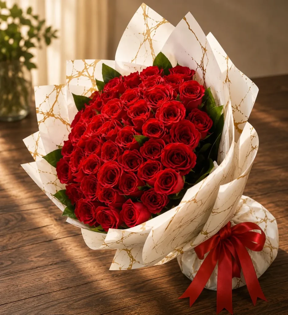 Fifty red roses wrapped in white and gold marbled paper