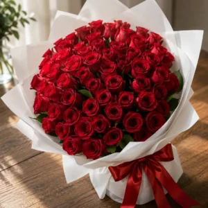 Large bouquet of fifty red roses in white wrap