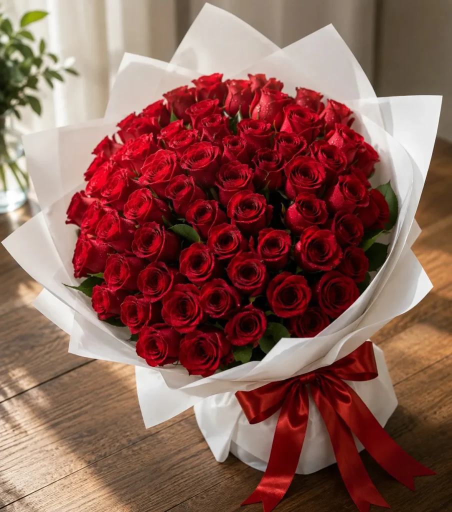 Large bouquet of fifty red roses in white wrap