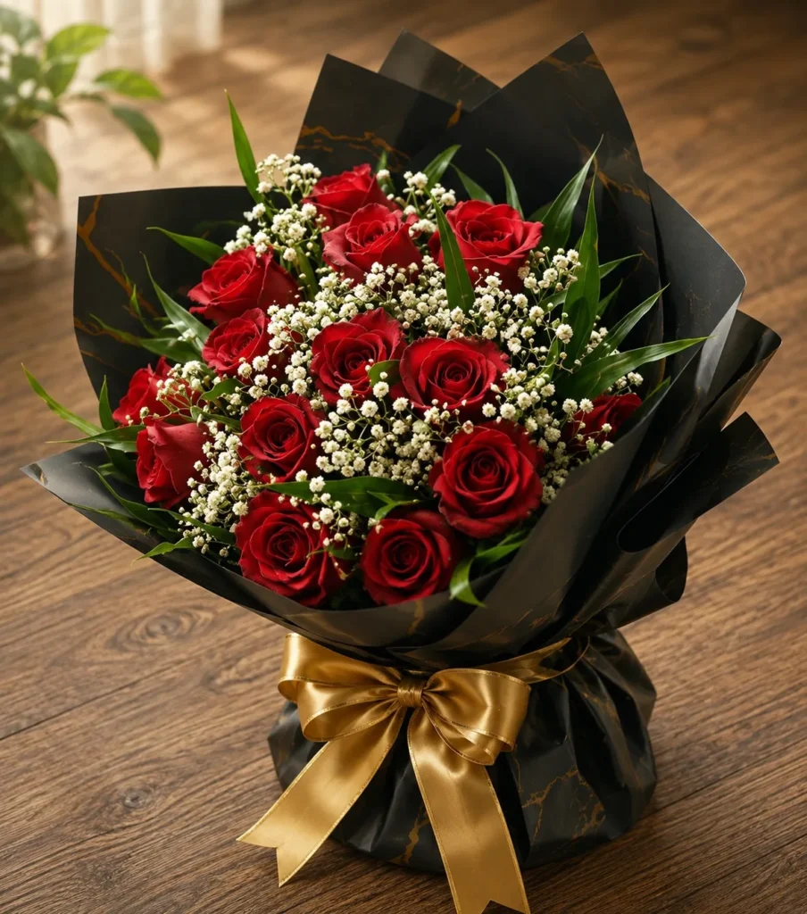 Two dozen red roses with gypsophila in black marbled wrap