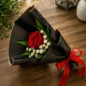 Single red rose with white chrysanthemums in black wrap