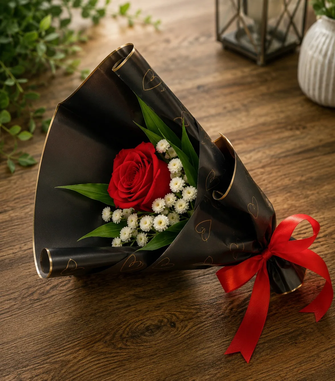 Single red rose with white chrysanthemums in black wrap