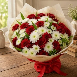 Red and white chrysanthemum bouquet in cream wrap