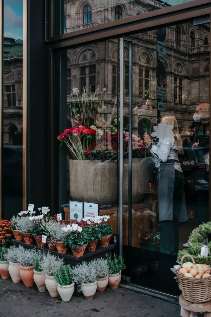 Buckets of cut flowers in a flower shop