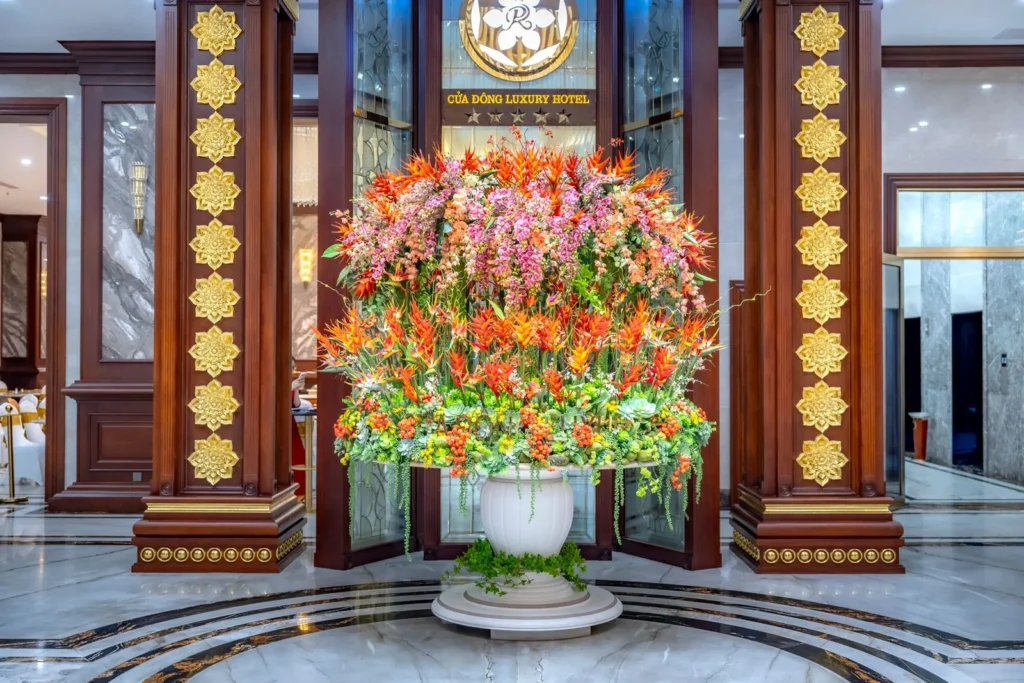 A floral arrangement in a hotel lobby